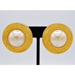 Vintage Clip On Earrings Round Giant Pearl Brushed Gold Chunky Bold 1980s BinAE